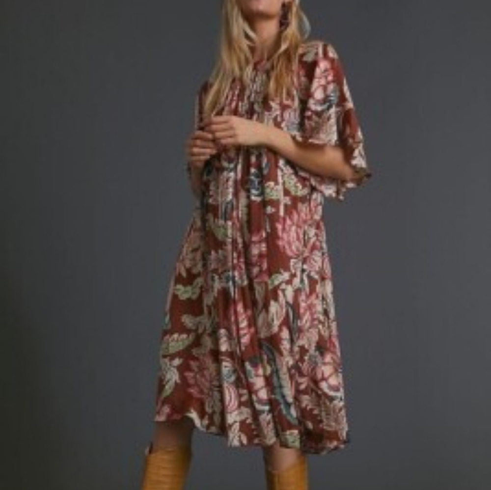 Anthropologie Brown and Cream Floral Midi Dress